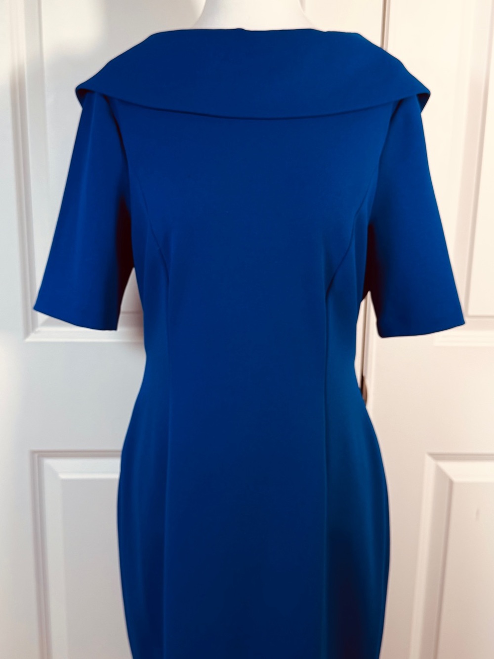 Adrianna Papell Cobalt Roll Neck Sheath Dress V Back Wedding Career Gala Size 10 - Picture 3 of 14
